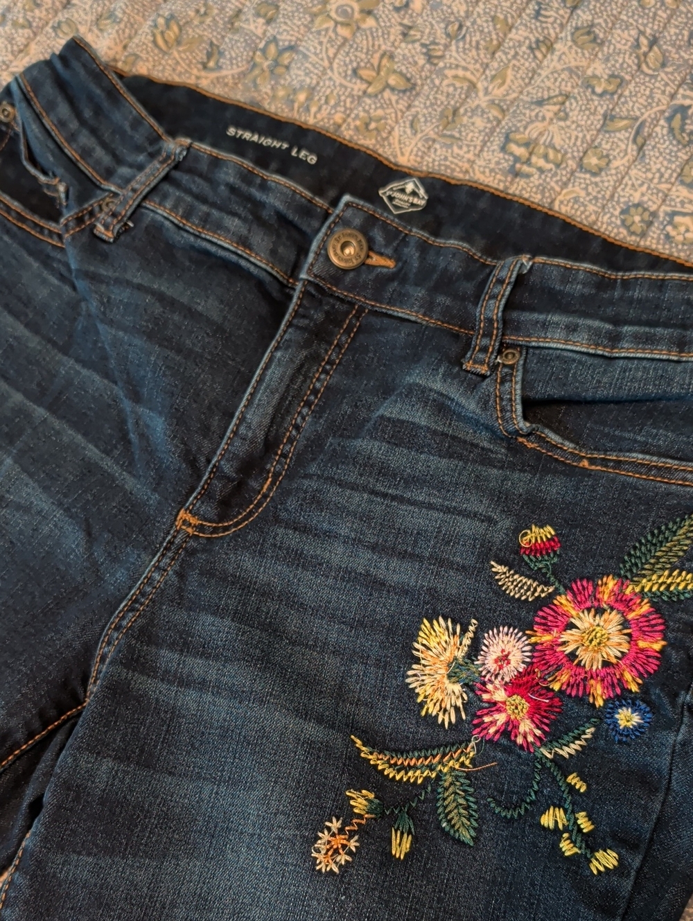 St. John's Bay Dark Blue Straight Jeans with Multicolor Floral Embroidery